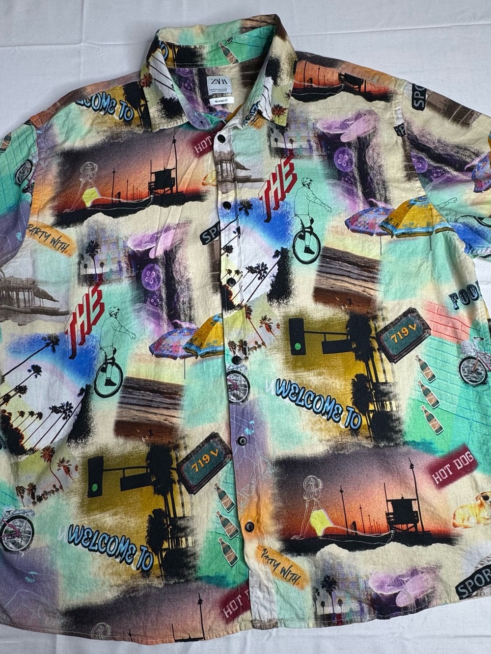 Zara Multicolor Surf & City Graphic Button-Down Shirt